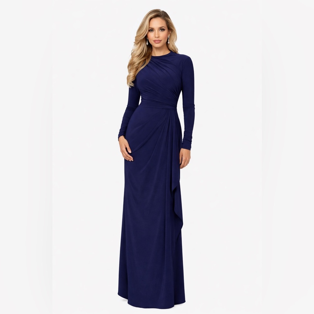 Betsy & Adam Navy Long Sleeve Draped Evening Gown NWT SZ 16 Formal GALA MODEST